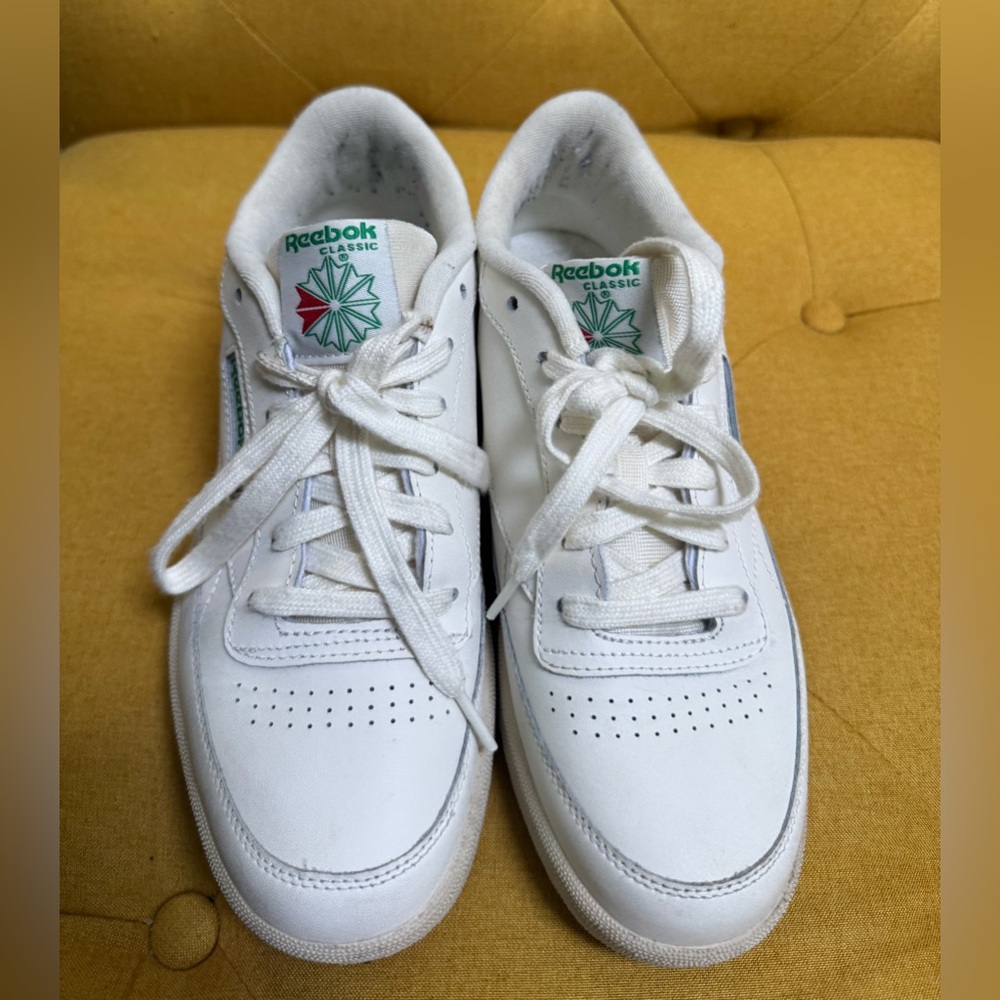 Reebok White Leather Sneakers with Green Logo Detail